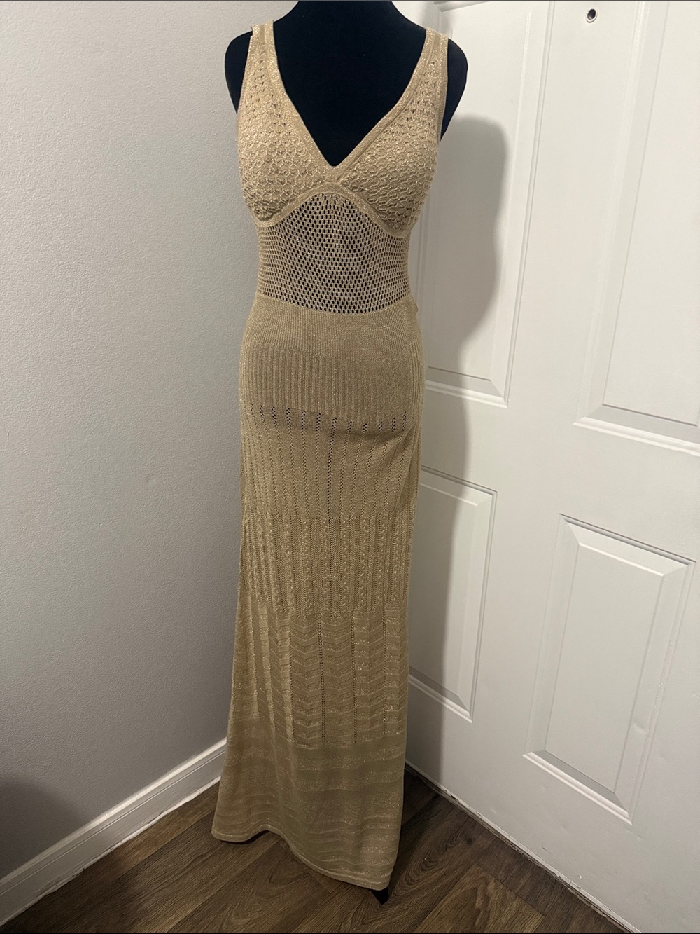 XOXO Tan Crochet Knit Maxi Dress with V-Neck